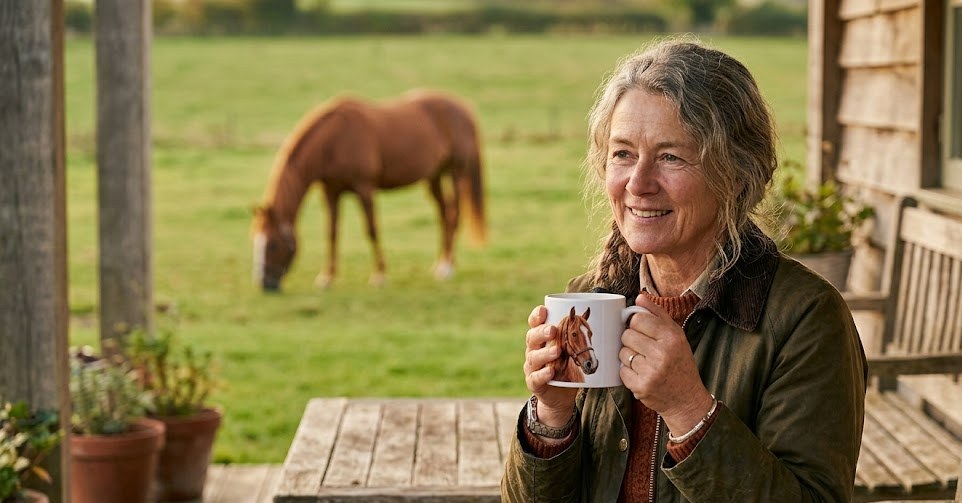 Woman holding a mug printed with a horse portrait, her horse grazing in the field behind