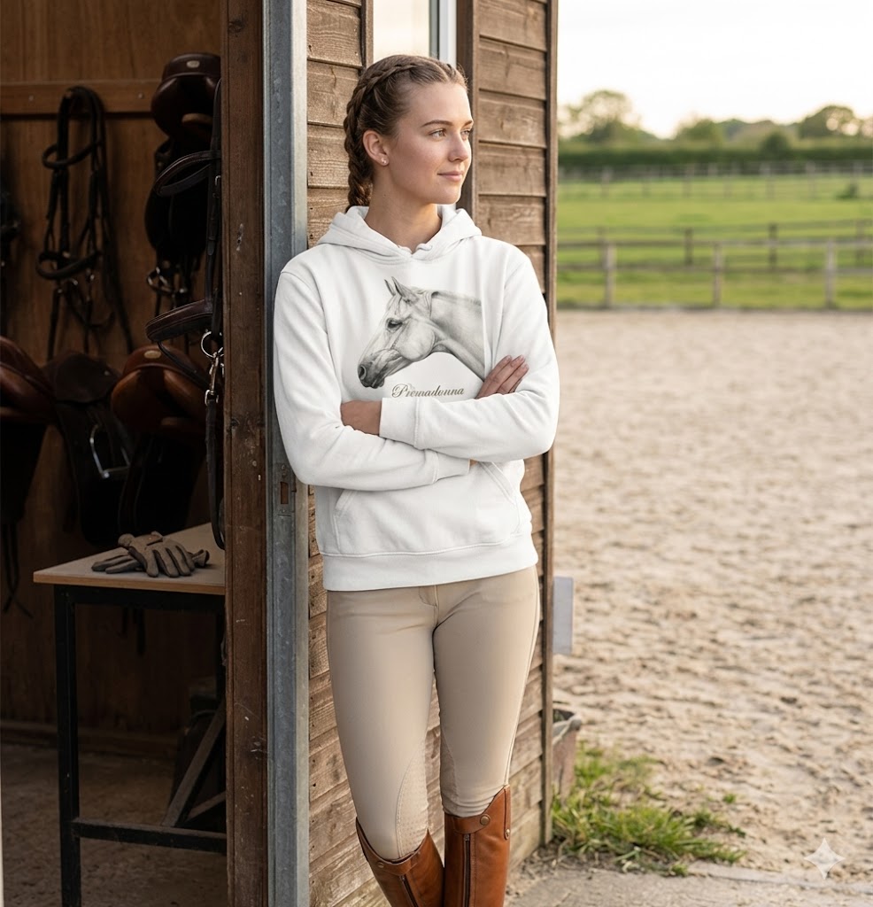 Young woman in a stable doorway wearing a white hoodie printed with a pencil portrait of her grey horse 'Primadonna'