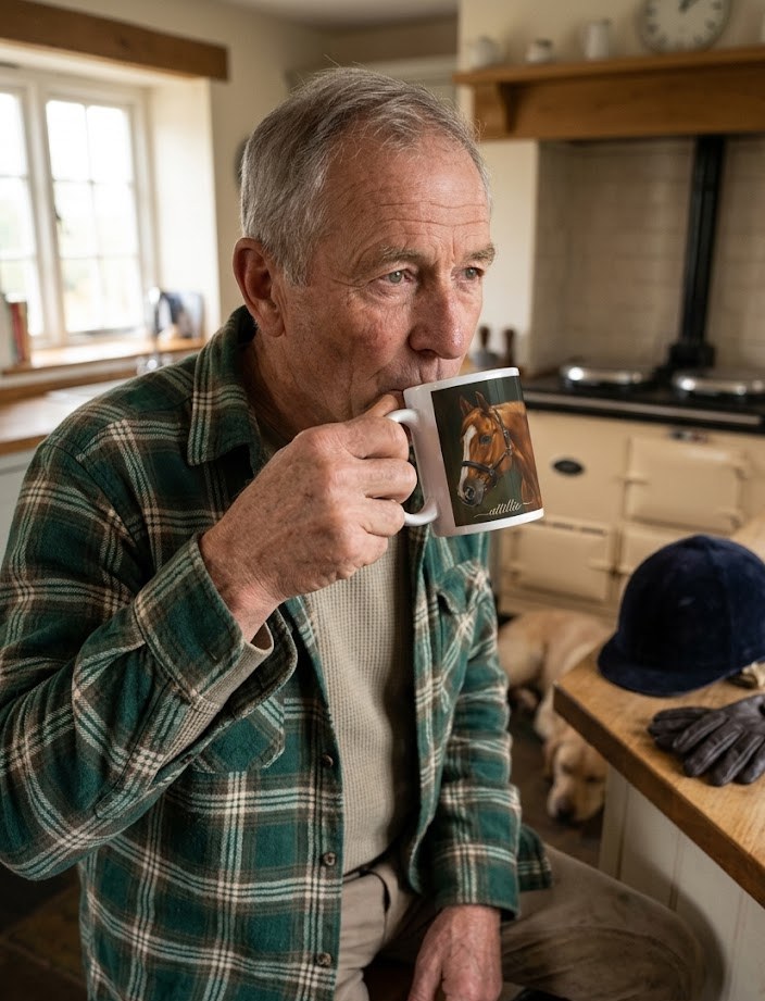 Older man in a green flannel shirt drinking from a mug printed with a portrait of his chestnut horse 'Atalla' in a country kitchen