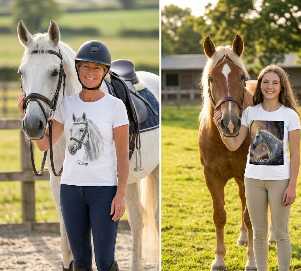 Two riders standing with their horses, each wearing a t-shirt printed with a portrait of their own horse
