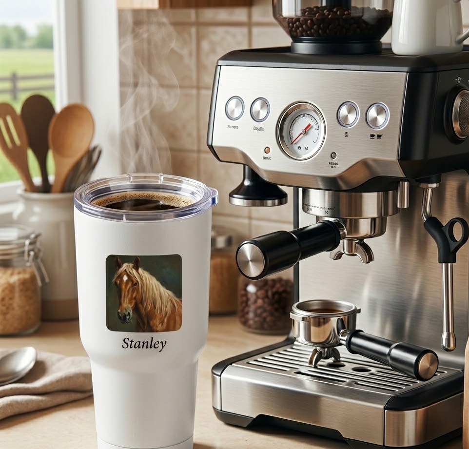 White travel tumbler printed with an oil portrait of a chestnut horse and the name 'Stanley', next to an espresso machine