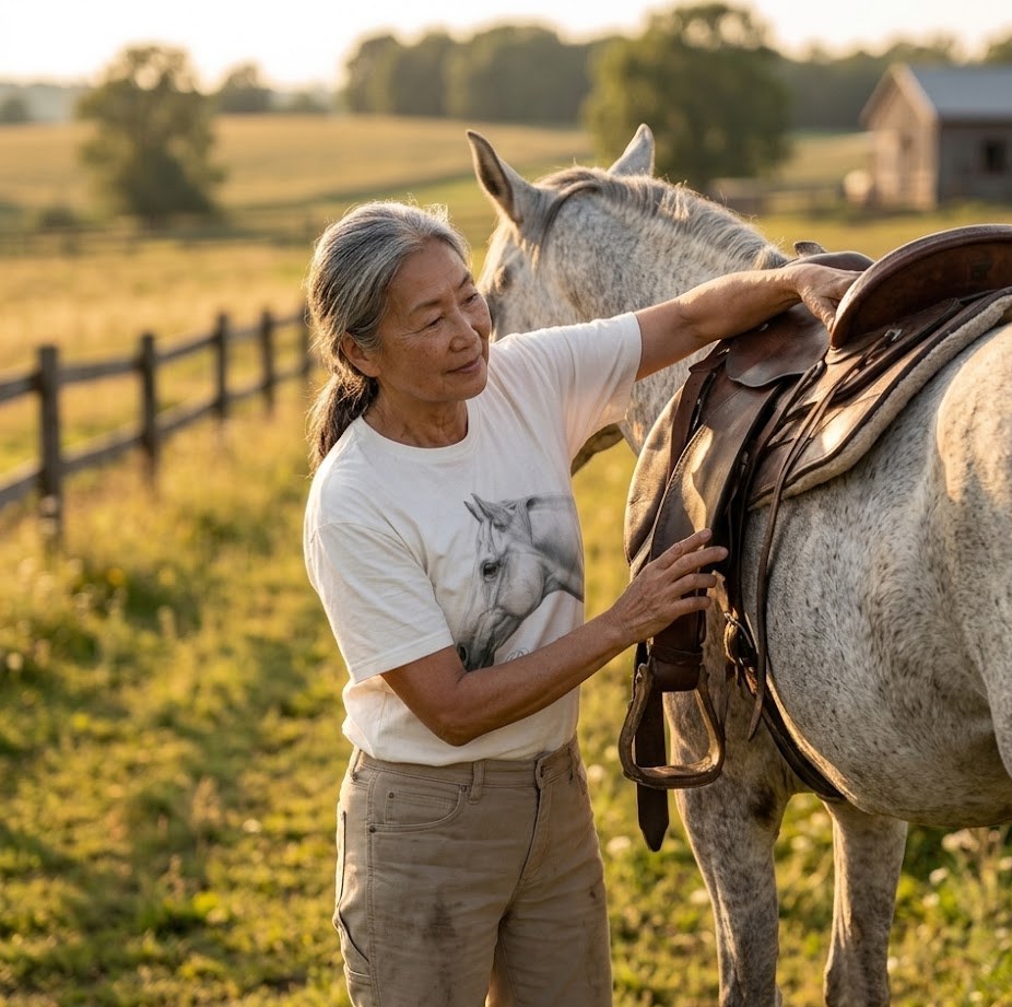 Woman saddling a grey horse in a sunlit field, wearing a t-shirt printed with the horse's pencil portrait
