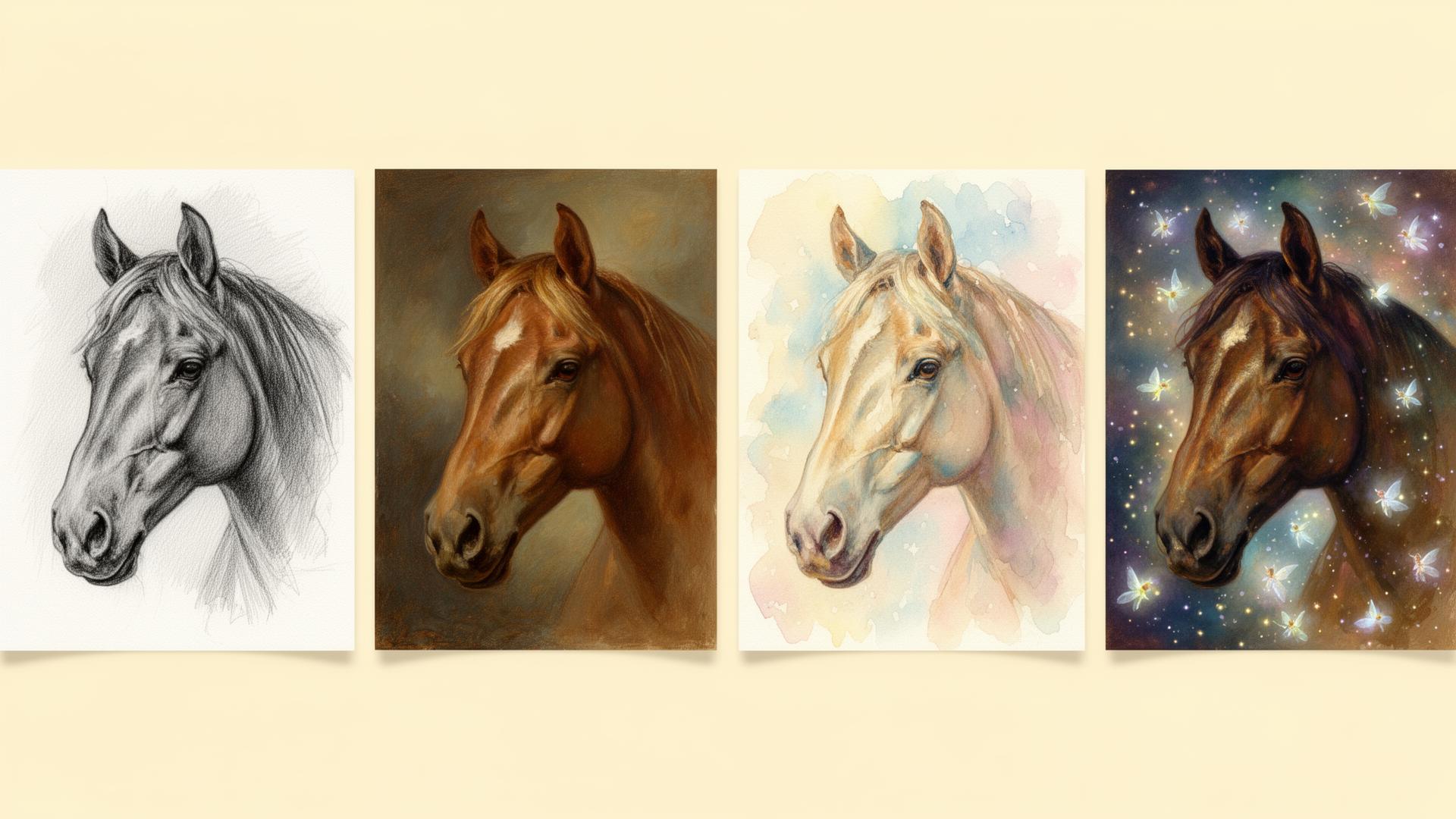 A horse portrait shown in four art styles: pencil drawing, oil painting, watercolour, and fantasy with fairies
